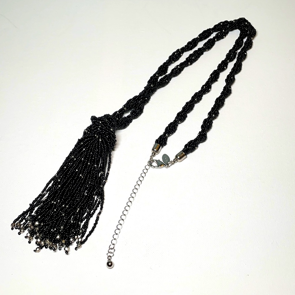 Chico’s black beaded knitted tassel necklace
